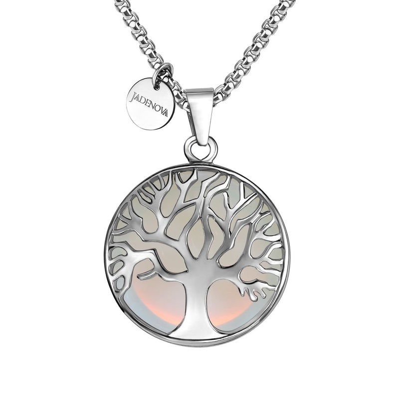 JADENOVA Family Tree Necklace Tree of Life Synthetic Opal Gemstone Crystal Pendant Necklace 24 Inches Stainless Steel Chain - Image 1